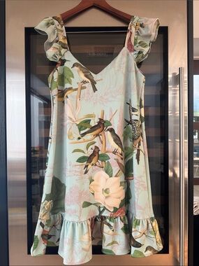 Carolina Pulia Bird & Floral Print Ruffle Mini Dress Size L